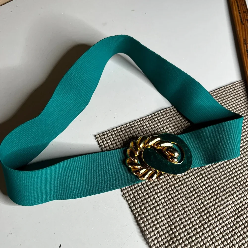 Vintage 80s Teal Green Elastic Cinch Belt Gold Tone Enamel Swirl Buckle Wide 28